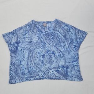 Chico's Easy Flow Indigo Paisley Print Blue Short Sleeve Blouse Sz 1 (8/10)